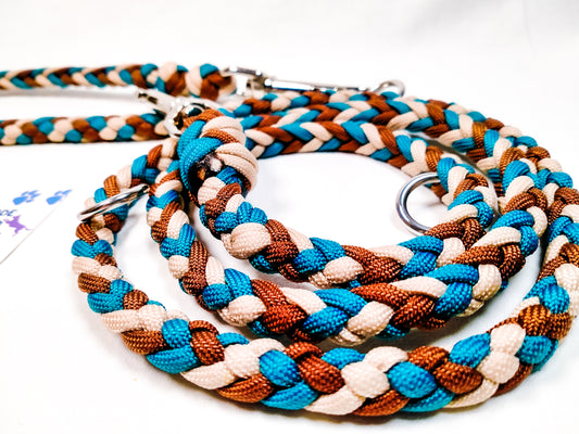 Pre Made: adjustable 6 Strand Half Round Braid Lead, Teal, Chocolate Brown, Tan, 1.25m